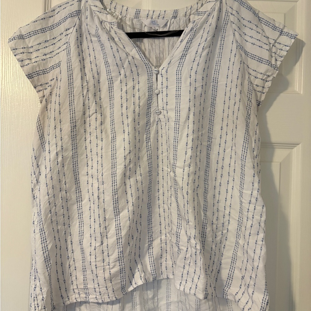Time and Tru White Blouse with Blue Stripes